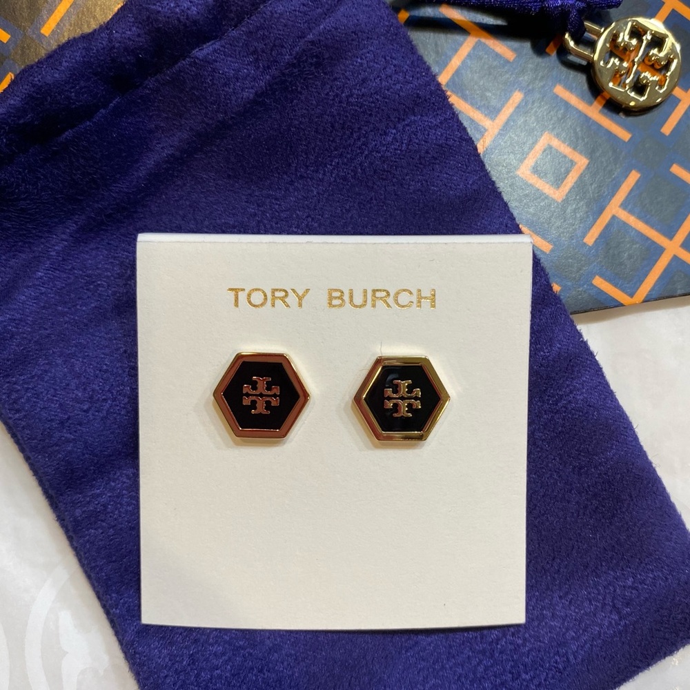 NWT! Tory Burch Hex Logo Enamel Earrings Black
